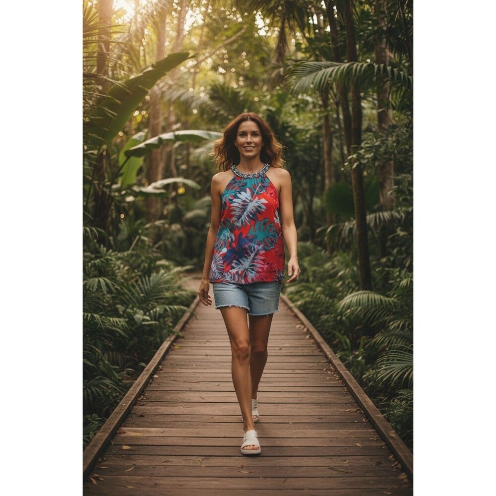 Jennifer Lopez Sleeveless Top Colorful Tropical Beaded Rhinestone Women's PXL